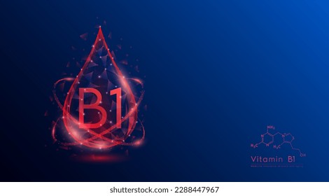 Vitamin B1 drop red low poly and structure chemical formula. Medicine science innovative. Multivitamins complex collagen supplement skincare anti aging. Cosmetics nutrition banner design. Vector.