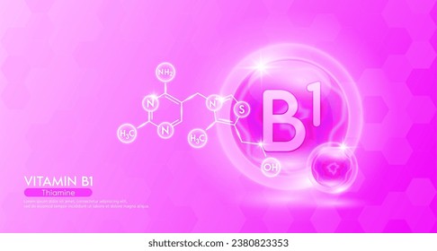 Complemento esencial de la vitamina B1 para el cuerpo de salud. Complejo de vitaminas rosas y estructura de fórmula química. Sérico de colágeno de minerales. Diseño de cuidado de la piel o cosmético en nutrición de belleza. vector 3D.