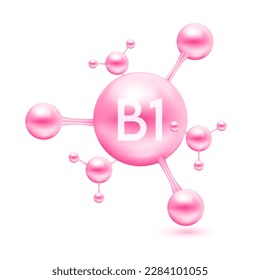 Vitamin B1 in the form of atoms molecules pink glossy. Icon 3D isolated on white background. Minerals vitamins complex. Medical and science concept. Vector EPS10 illustration.