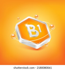 Vitamin B1 in hexagon shape and orange atom. Used for nutrition products food. Medical scientific concepts. Isolated 3D Vector EPS10 illustration.