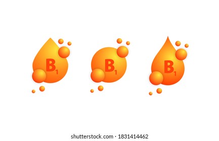 Vitamin B1-Icon-Set. Glühender goldener Stofftropfen. Vitamin-Komplex mit chemischer Formel, Gruppe B, Thiamin. Vektorgrafik einzeln auf weißem Hintergrund. EPS10