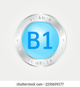 Vitamina B1 Estructura de iconos circundante azul. borde plateado. EPS vectorial 3D10. Complejo de píldoras, fórmula química sérica de colágeno. Tratamiento de belleza nutrición diseño de cuidado de la piel, saludable. Médico, científico. 