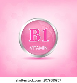 Estructura del icono de vitamina B1, sustancia rosada.  Cuidados personales, concepto de belleza. Símbolo médico de la tiamina. Concepto de negocio de drogas. Ilustración vectorial. Complejo de vitamina 3D con fórmula química. 
