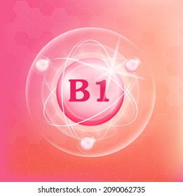 Vitamin B1 icon structure pink yellow substance. Medicine health symbol of thiamine. Vector Illustration. 3D Vitamin complex with chemical formula. Personal care, beauty concept. Drug business concept