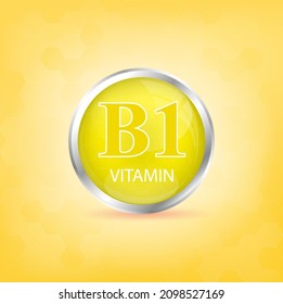 Vitamin B1 icon structure yellow substance. Personal care, beauty concept. Medicine health symbol of thiamine. Drug business concept. 3D Vector Illustration. Vitamin complex with chemical formula.