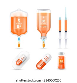 Vitamin B1 in Kochsalzlösung, Kapsel, Impfstoffflasche und Spritze einzeln auf weißem Hintergrund, Vektorgrafik. Serum Collagen Vitamine IV Tropf und Mineralien orange für die Gesundheit. Medizinisches ästhetisches Konzept.
