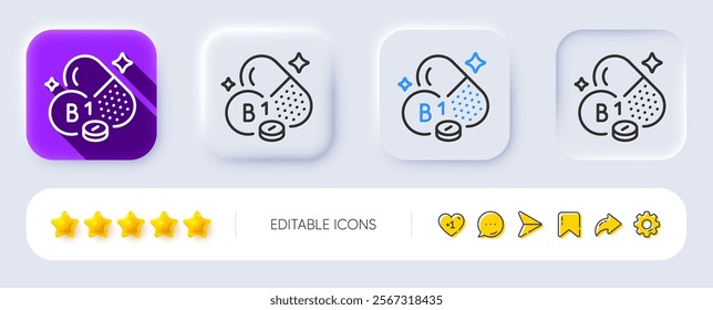 Vitamin B1 line icon. Neumorphic, Flat shadow, 3d buttons. Thiamine food micronutrient sign. Capsule or pill supplement symbol. Line thiamine vitamin icon. Social media icons. Vector