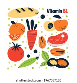 Vitamin B1 main food sources: cabbage, fish, avocado. Vector illustration in a hand-drawn style. Perfect for pharmacological or medical poster, flyer, banner.