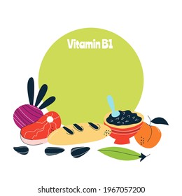 Vitamin B1 main food sources: cabbage, fish, avocado. Vector illustration in a hand-drawn style. Perfect for pharmacological or medical poster, flyer, banner.