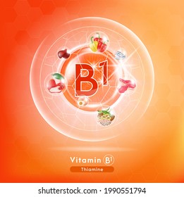 Vitamin B1. Medicine capsule, Orange substance. Fruits and vegetables that neutralize free radicals. With chemical formula. Anti aging beauty enhancement concept and health care. 3D vector EPS10.