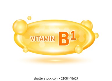 Complejo de vitamina B1 y minerales. Cápsulas de vitaminas brillante. Píldora, suplemento alimenticio saludable. Concepto médico científico y sanitario. Aislado sobre el fondo blanco Vector 3D EPS10.