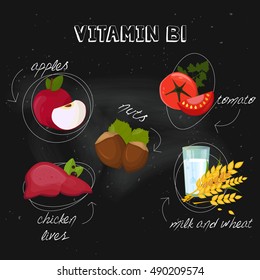 Vitamin B1 on black background. Vector illustration? eps 10. Fruit and vegetables with vitamin B1 info graphics set: apple, tomato, liver, salmon, milk, cereals, nuts.