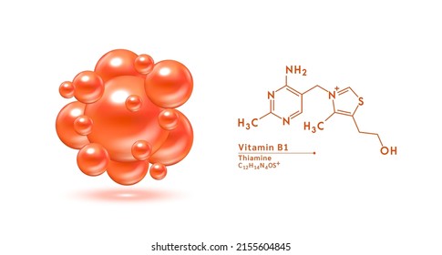 Fórmula química estructural de vitamina B1 anaranjada. Sérico de colágeno cutáneo de ácido hialurónico. Complejo de vitamina aislado en el fondo blanco. Conceptos científicos médicos. Ilustración vectorial 3D.