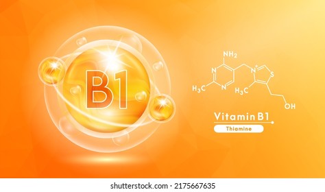 Vitamina B1 naranja y estructura. Complejo de vitaminas de pastillas y fórmula química sérica de colágeno de burbujas. Tratamiento de belleza nutrición diseño de cuidado de la piel. Conceptos médicos y científicos. EPS10 vectores 3D.