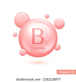 Icono de la cápsula de la píldora de vitamina B1. Burbujas del complejo de vitaminas para anuncios de atención de la salud. Colocación de sustancia rosa brillante. Ilustración del vector