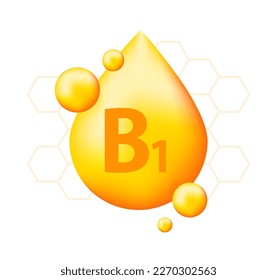 Vitamin B1 with realistic drop. Particles of vitamins in the middle.