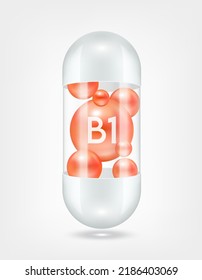 Vitamin B1 red inside capsule pill transparent white. Health care beauty enhancement neutralize free radicals. Used for nutrition products food template design. 3D Realistic Vector EPS10.