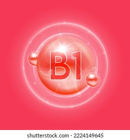 Vitamina B1 roja. Complejo de vitaminas y fórmula química sérica de colágeno de burbujas. Para el diseño de suplementos alimenticios y tratamiento de belleza cuidado de la piel. Conceptos médicos y científicos. EPS10 vectores 3D.