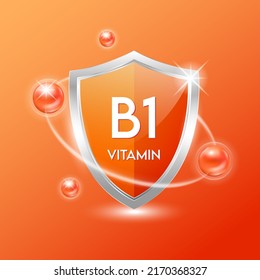 Vitamin B1 shield with orange atom. Protect the body stay healthy. For nutrition products food. Medical scientific concepts. Vector illustration.