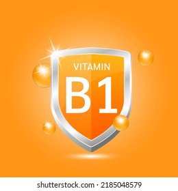 Vitamin B1 shield with orange atom circle bubbles surround. Protect body stay healthy. Medical scientific concept. For nutrition products food.  Vector illustration 3D. Natural extracts.