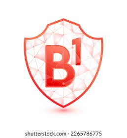 Vitamin B1 shield polygonal translucent red. Low poly triangle modern futuristic protection. Boost your immunity. Vector isolated on white background. Medical health immune innovation concept.