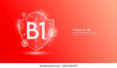 Vitamin B1 shield polygonal translucent red. Immunity boosting vitamins. Medical innovation protect your body healthy. Shield low poly triangle modern futuristic protection. Banner vector.