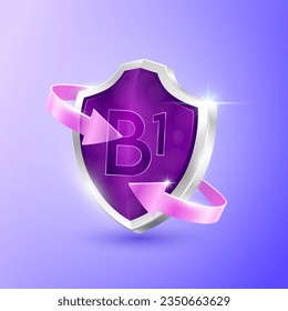 Vitamin B1 shield and purple clear glass arrows. Symbol protection boost immunity the body healthy. Medical health concepts. Icon 3D for advertising nutrition products food. Vector illustration.