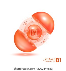 Vitamin B1 shining pill capsule. Skincare beauty treatment with vitamins complex with cholecalciferol. Orange ball with bubbles isolated on white background. Cosmetic beauty product design vector. 