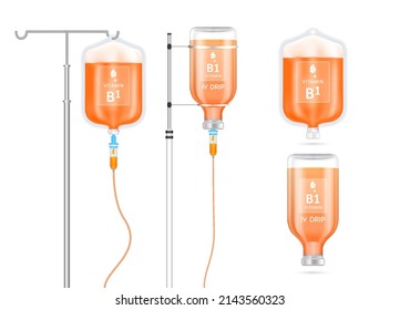 Vitamin B1 Solution Inside Saline Bag, Bottle And Syringe Hanging On Pole. Isolated On White Background Vector. Serum Collagen Vitamins IV Drip And Minerals Orange For Health. Medical Concept.