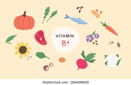 Vitamin B1 sources. Food containing thiamine. Nuts, vegetables, meat, fish, seeds.Vector illustration cartoon flat style.