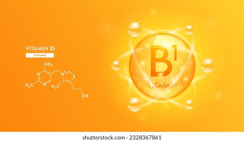 Vitamin B1 with structure chemical formula. Bubble collagen serum orange and Vitamins complex for cosmetics design. Medical concepts. Beauty treatment nutrition skincare. 3D Vector.