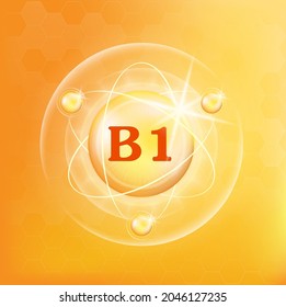 Vitamin B1 structure. Golden substance. 3D Vitamin complex with chemical formula. Personal care and beauty concept. Vector Illustration. Medicine health symbol of thiamine. Natural chemical b1 vitamin