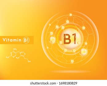 Vitamin B1 and structure. Medicine capsule, Golden substance. 3D Vitamin complex with chemical formula. Personal care and beauty concept. Vector Illustration