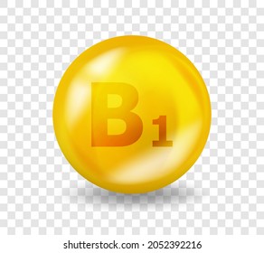 Vitamin B1 Thiamine. Vitamin complex illustration concept. B1 Thiamine pill capsule. 3D Yellow drug nutrition design.