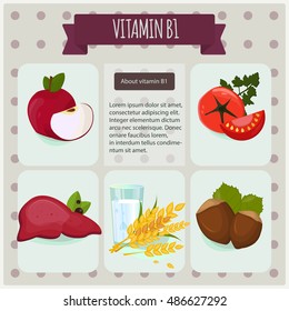 Vitamin B1. Vector illustration, eps 10. Fruit and vegetables with vitamin B1 infographics set: apple, tomato, liver, salmon, milk, cereals, nuts.