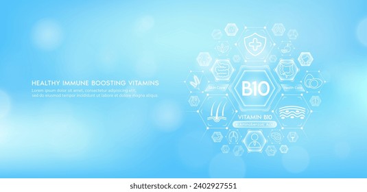 Vitamin B10 or Aminobenzoic Acid with medical icons. Vitamins minerals from natural essential health skin care body organs healthy. Build immunity antioxidants digestive system. Banner vector EPS10.