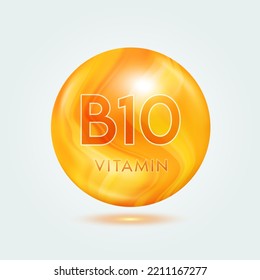 Vitamin B10 capsule orange golden. Beauty nutrition skincare. Vitamins complex isolated on gray background. For product design. Medical and scientific concepts. Icon 3D Vector EPS10.