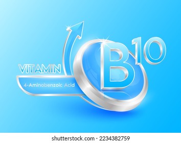 Vitamin B10 in circle shape blue with arrow. Used for designing dietary supplements or beauty products. Medical concepts. Isolated 3d icon. Vector EPS10 illustration.