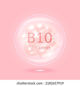 Vitamin B10-Komplex in durchsichtigen Luftblasen. Hyaluronsäure-Kollagenserum. Schönheitsbehandlung Ernährung Hautpflege Design. Medizinische wissenschaftliche Konzepte. Einzeln auf rosafarbenem Hintergrund. Vektorgrafik.