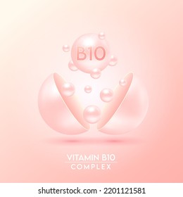 Vitamin B10 complex and Minerals float out of the capsule isolated on cream background. Dietary supplement for pharmacy advertisement, package design. Vector EPS10.