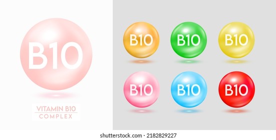 Vitamin B10 complex. Set of colorful balls multivitamins capsules minerals isolated on grey background. Dietary supplement for pharmacy advertisement, package design. Vector EPS10.