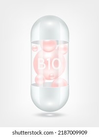 Vitamin B10 cream inside capsule pill transparent white. Health care beauty enhancement neutralize free radicals. Used for nutrition products food template design. 3D Realistic Vector EPS10.