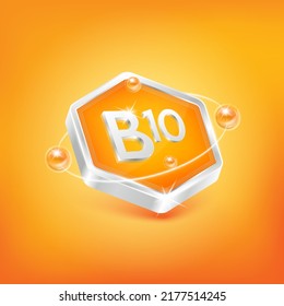 Vitamin B10 in Hexagon-Form und Orangenatom. Wird für Nahrungsmittel verwendet. Medizinische wissenschaftliche Konzepte. 3D-Vektorgrafik EPS10 einzeln.