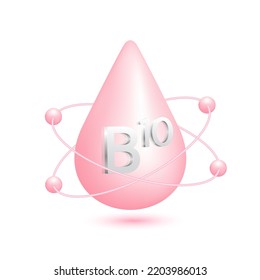 Vitamin B10 icon 3d. Atomic radius circulating around water drop pink isolated on white background used in advertising. Medical beauty concept. Vector EPS10.