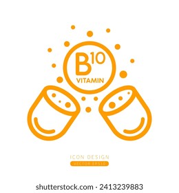 Vitamin B10 icon orange floating out of capsule Isolated on a white background. Form simple line. Design for use on web app mobile and print media. Vector.