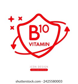 Icono de vitamina B10 rojo en escudo rodeado de flechas Aislado sobre un fondo blanco. Símbolo médico construir concepto de protección e inmunidad. Diseño para uso en medios de impresión de línea simple. Vector.
