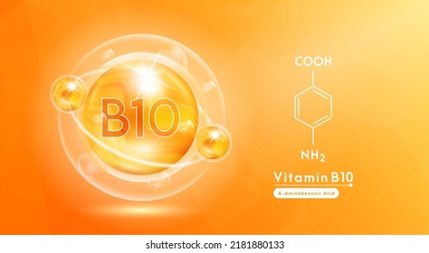 Vitamin B10 orange and structure. Pill vitamins complex and bubble collagen serum chemical formula. Beauty treatment nutrition skin care design. Medical and scientific concepts. 3D Vector EPS10.