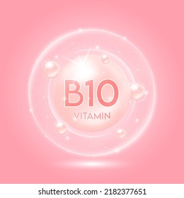 Vitamin B10 rosa und durchsichtige Kuppel. Vitaminkomplexes Kollagen. Schönheitsbehandlung Ernährung Hautpflege Design. Medizinische und wissenschaftliche Konzepte. 3D-Vektor EPS10.