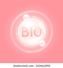 Vitamin B10 pink. Vitamins complex and bubble collagen serum chemical formula. For food supplement design and beauty treatment skin care. Medical and scientific concepts. 3D Vector EPS10.
