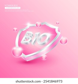 Vitamin B10 in silver shield shape and pink atom. Protect the body stay healthy. Used for nutrition products food. Medical scientific concepts. Isolated 3D Vector EPS10 illustration.